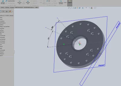 A 3D model of a mechanical component, generated from a 2D drawing using SolidWorks CAD software